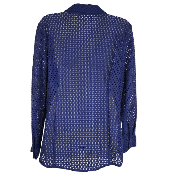 Denim & Co Shirt Womans Medium Blue Button Up Eyelets Sheer Long Sleeve A288398 - Picture 2 of 9
